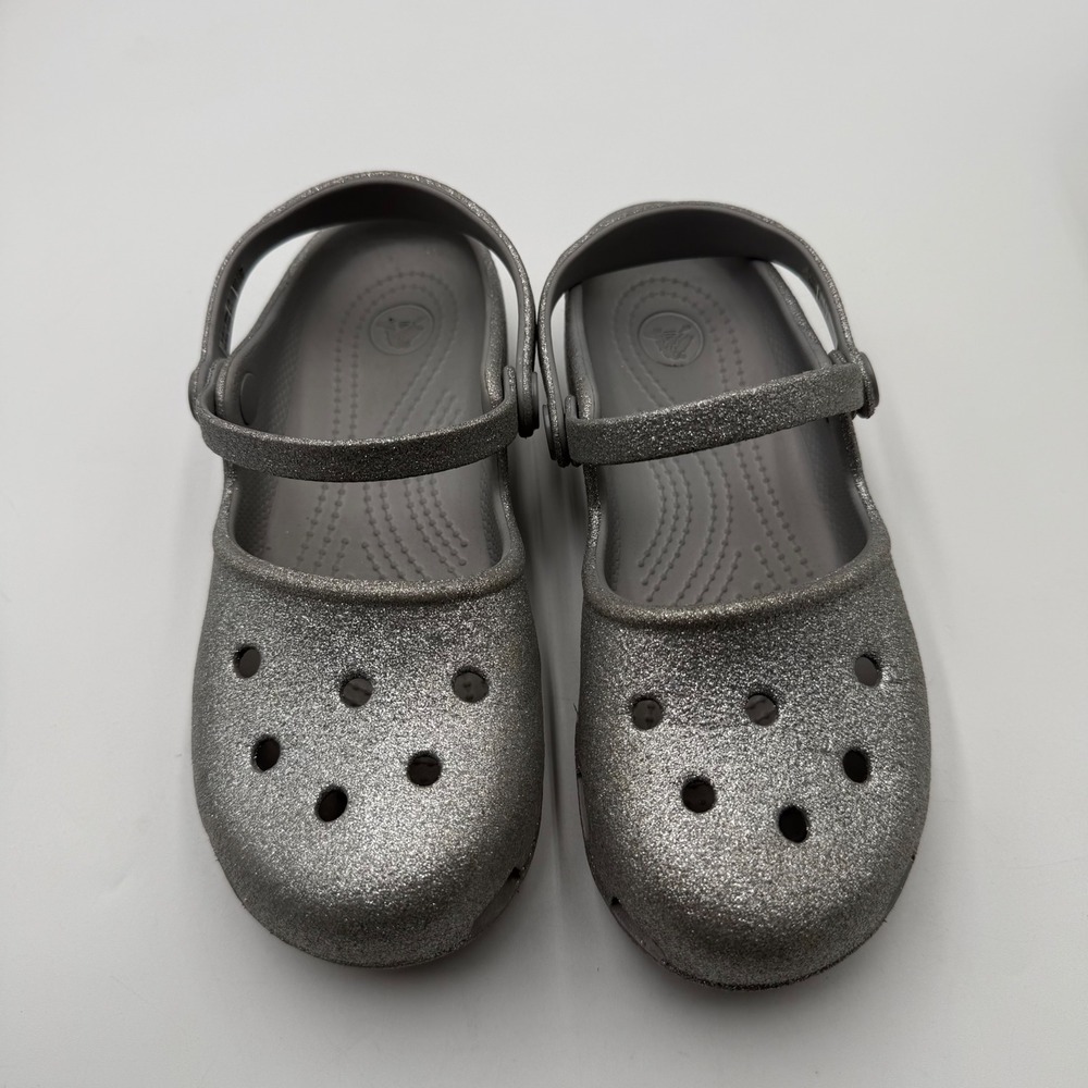 Crocs Karin Mary Jane Silver Glitter Sparkle Shoes Girls Big Kids J2